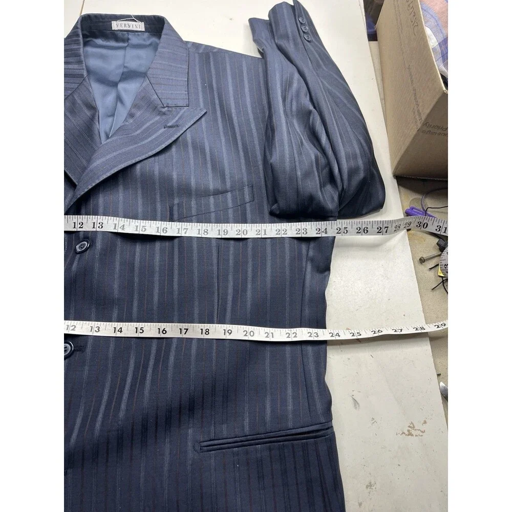 VERSINI European Men Suit 46R 40x31 Navy Striped 100% Wool Jacket Pants Set